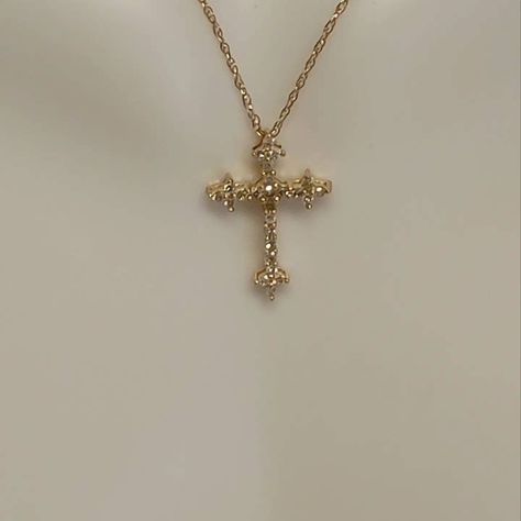 14 kt Yellow gold and .20ct diamond cross necklace 18" Gold And Diamond Cross Necklace, Gold Necklace For Quince, Cross Gold Jewelry, Wedding Cross Necklace, Good Cross Necklace, Gold Cross Necklace Aesthetic, Cross Necklace Aesthetic, Golden Cross Necklace, Gold Necklace Cross