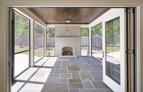 Verandah Tiles, Fireplace Slate, Bayou House, Sunroom Makeover, Slate Floors, Screened Patio, House Additions, Porch Wood, Screened Porch Designs