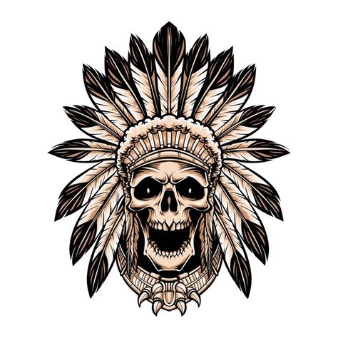 Skull indian wearing headdress isolated ... | Free Vector #Freepik #freevector #indian-chief #native #tribe #tribal Cartoon Feather, Indian Headdress Tattoo, Indian Chief Tattoo, Indian Skull Tattoos, Skull Template, Indian Tattoo Design, Native Symbols, Headdress Tattoo, Indian Skull