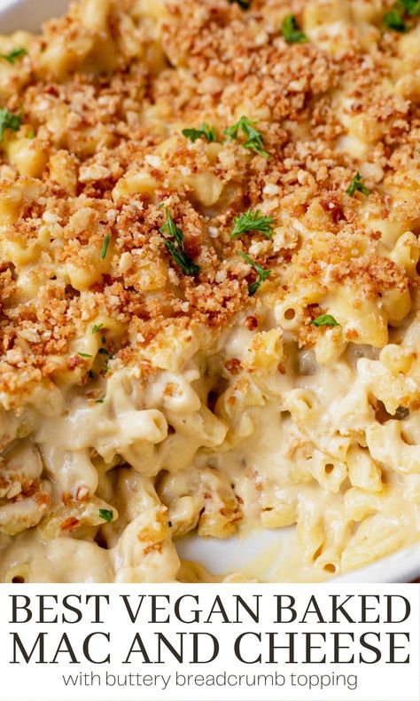 This baked vegan mac and cheese is made with al dente pasta, creamy vegan cheese sauce, and topped with buttery breadcrumbs. It's a rich and creamy comfort food rivals the traditional mac and cheese you grew up with! Nutritional Yeast Pasta, Vegan Pasta Bake, Pasta Garlic, Vegan Pasta Dish, Non Dairy Milk, Vegan Cheese Sauce, Vegan Thanksgiving Recipes, Vegan Pasta Recipes, Vegan Mac And Cheese