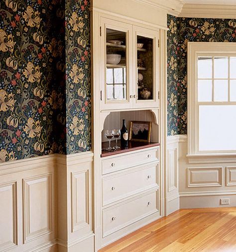 What a Difference Millwork Makes! | Design for the Arts & Crafts House | Arts & Crafts Homes Online Wainscoting With Wallpaper, Wainscoting Nursery, Wainscoting Stairs, Wainscoting Kitchen, Wainscoting Ideas, Painted Wainscoting, Wainscoting Bedroom, Dining Room Wainscoting, Wainscoting Styles