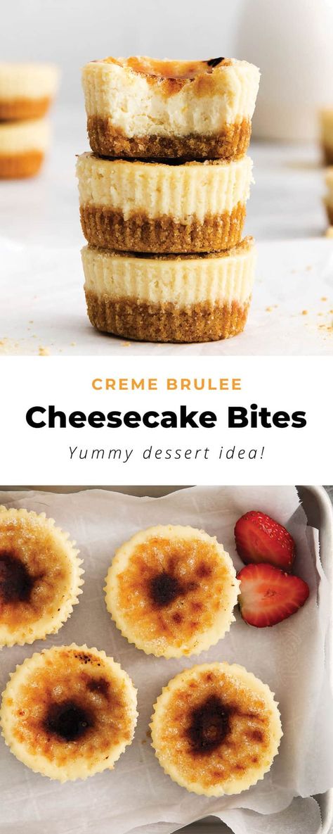 Creme Brulee Mini Cheesecakes, Creme Brulee Dessert Ideas, Cheesecake Bites Recipes Easy, Mini Cheesecake Bites No Bake, Mini Cream Cheese Desserts, Mini Creme Brulee Cheesecake, Best Mini Cheesecake Recipes, Hand Held Desserts, Cream Brulee Cheesecake