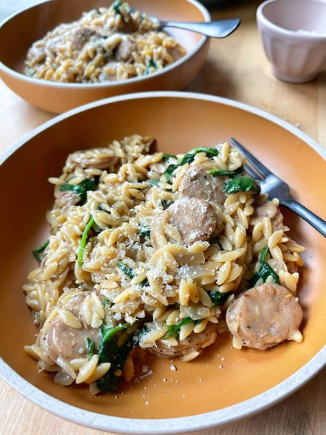 One Pan Chicken Sausage Orzo One Pan Chicken Sausage Orzo, Healthy Meals With Chicken Sausage, One Pot Chicken Sausage Orzo, Orzo And Chicken Sausage Recipes, Chicken Apple Sausage Orzo Recipes, Dinner Recipes With Chicken Sausage, Orzo With Chicken Sausage, Chicken Sausage And Spinach Recipes, Chicken Sausage Orzo Skillet