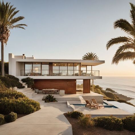 Modern House Sea View, Glass Beach House Exterior, Sea House Architecture, Modern Contemporary Beach House, White Modern Beach House Exterior, Beach House Contemporary, Modern Seaside House, Modern House By The Beach, Modern House By The Sea