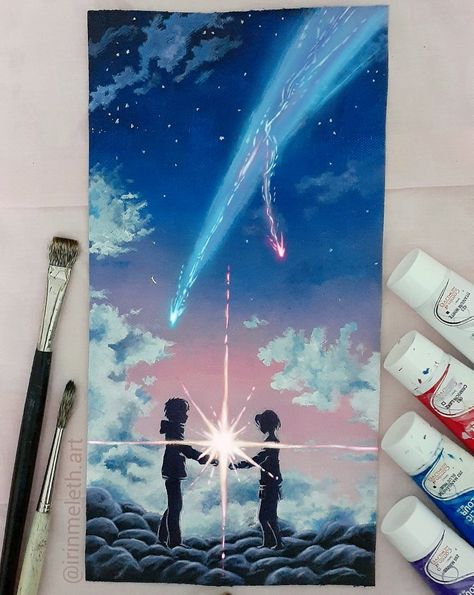 #yourname #kiminonawa #acrylicpainting #animepainting #yournameart #yournamepainting #takixmitsuha Your Name Painting Acrylic, Your Name Anime Painting, Aesthetic Anime Painting, Your Name Painting, Anime Painting Ideas, Your Name Drawing, Your Name Watercolor, Paintings Anime, Your Name Art