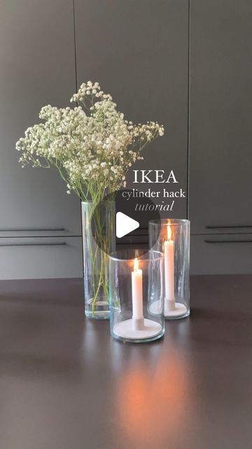 Mina on Instagram: "@home.by.mi made this IKEA Cylinder hack  Aesthetically pleasing but also functional ✨  The base prevents the vase to get wax on it so you can switch it out anytime you want without having to clean it first.  Love to know what you think 🤍 More @home.by.mi   You can find a step-by-step tutorial on the thornior.com blog ✨  #diy #interiordesign #hack #ikeahack #ikea #candle #thornior" Ikea Candle Hack, Cylinder Vase Decor, Cylinder Vase Ideas, Ikea Vase, Ikea Candles, Candle Hack, Ikea Vases, Ikea Inspiration, Cylinder Vase