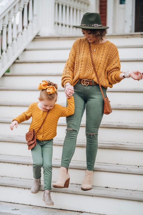 Fall Outfits Mustard Yellow, Green And Mustard Outfit, Mustard Dress Outfit Fall, Mustard Color Outfits, Yellow Mustard Outfit, Yellow Sweater Outfit Fall, Mustard Yellow Pants Outfit, Mustard Outfit Ideas, Fall Mommy And Me Outfits