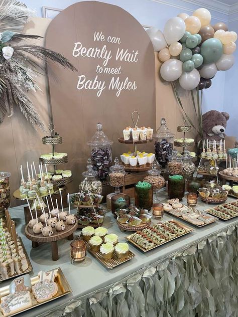 Bear Bridal Shower Theme, Baby Shower Ideas Baby Boy, Teddy Bear Theme Dessert Table, We Can Barely Wait Table Decor, I Can Nearly Wait Baby Shower Ideas, Shindig Party Ideas, Baby Shower Bear Ideas, Teddy Bear Candy Table Ideas, We Can Bearly Wait Treat Table