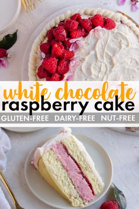 White Chocolate Raspberry Cake - WholeFoodFor7 Gluten Free White Chocolate Raspberry Cake, Dairy Free Layer Cake, Gluten Free White Chocolate Cake, Dairy Free Cake Filling, Gluten Free Dairy Free Cakes, Gluten Free Raspberry Cake, Gluten Free Dairy Free Cake, Gluten Free Desserts Cookies, Berry Cake Recipe