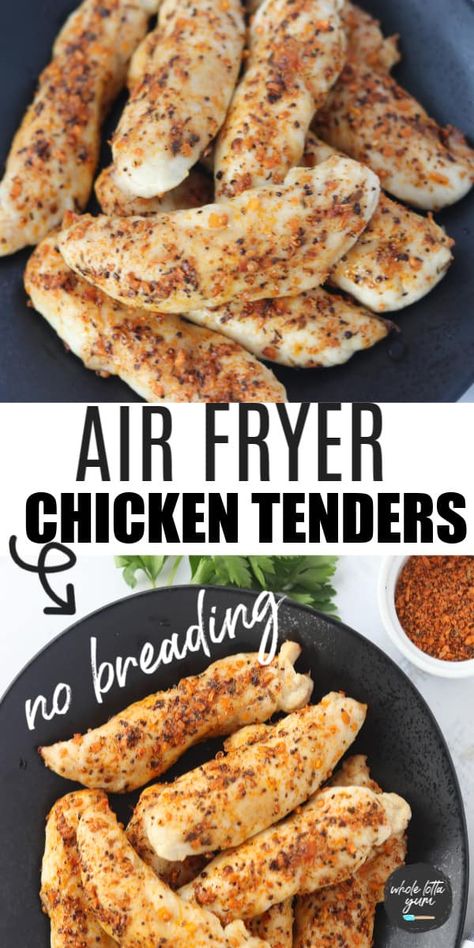 unbreaded chicken tenders in air fryer pinterest pin Healthy Air Fryer Chicken, Homemade Chicken Tenders, Healthy Air Fryer, Air Fryer Chicken Tenders, Air Fryer Oven Recipes, Air Fry Recipes, Chicken Tenderloins, Air Fryer Recipes Chicken, Chicken Tender Recipes