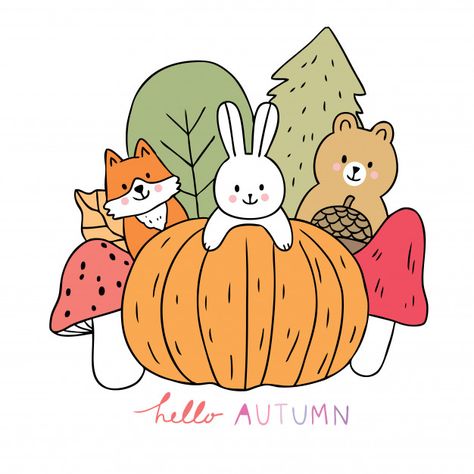 Cartoon cute animals autumn and pumpkin ... | Premium Vector #Freepik #vector Mushroom Vector, Pumpkin Vector, Fox And Rabbit, Cute Autumn, Leaves Vector, Cartoon Cute, Hello Autumn, Fall Pumpkins, Premium Vector