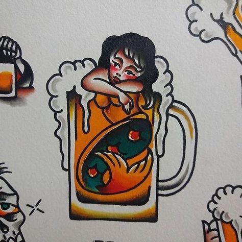 Pinup mermaid in a beer glass. Traditional tattoo style. Flash Art Tattoos, Beer Tattoos, Traditional Style Tattoo, Art Flash, Sailor Jerry Tattoos, Tattoo Old School, Tattoo Zeichnungen, Traditional Flash, Tattoos Geometric