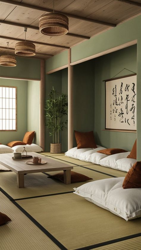 Traditional Japanese Home Aesthetic, Tatami Tea Room, Floor Cushion Living Room Ideas, Tatami Living Room Modern, Japan Decoration Home, Modern Tatami Room, Tatami Mat Living Room, Cozy Japanese Living Room, Japanese Sitting Room