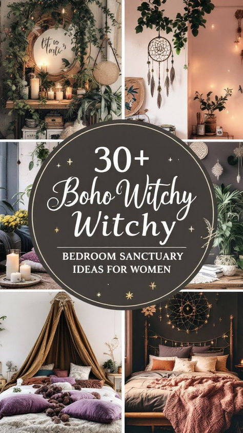 Create your dream boho witchy bedroom with these 30+ enchanting ideas! Blend earthy tones, mystical decor, and cozy textures to design a sanctuary that radiates magic and tranquility. From crystals and macramé to moon phases and incense, these decor tips will help you craft a space that feels like a magical retreat. Perfect for every modern mystic seeking comfort and style. 🔮🧘‍♀️ Cozy Boho Interior, Boho Vintage Bedroom Aesthetic, Witchy Bedroom Ideas Cozy, Budget Boho Decor, Vintage Boho Bedroom Ideas, Calming Boho Bedroom, Wizard Home Aesthetic, Acotar Room Aesthetic, Boho Celestial Bedroom