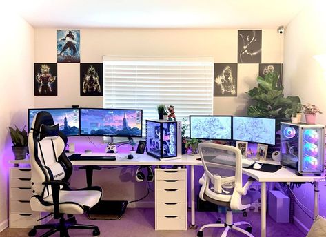 A Pretty Cool Looking Dual Setup! Really Like The Lightning And The Wall Decorations! Let Me Know What You Guys Think In The Comments!!⬇️… His And Hers Game Setup, Couple Streamer Setup, Gaming Set Up For Couples, Gaming Room Setup His And Hers, Gaming Room Setup Two People, Game Room Ideas His And Hers, Couples Gaming Desk, His And Hers Pc Gaming Setup, Couple Set Up Gamer