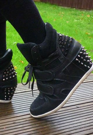 Hidden Wedge High Top Black Spike Studded Trainers / Sneaker Ugly, but I like the spikes :) Wedge High Tops, Mode Shoes, Velcro Shoes, New Rock, Shoe Closet, Wedge Sneakers, Sneakers Outfit, Crazy Shoes, Dream Shoes