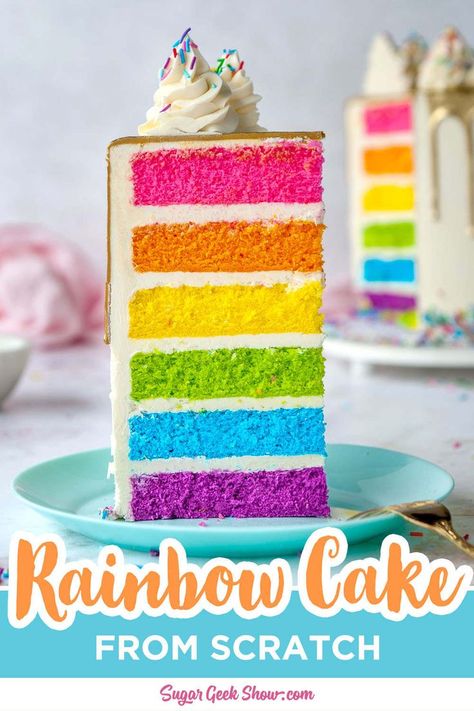 Not only is this rainbow cake beautiful and colorful, but it also tastes really delicious. Made from my famous white velvet cake recipe and easy buttercream, this rainbow cake makes the perfect birthday or special occasion cake! #rainbowcake #birthdaycake #moist #buttercream #golddrip #dripcake #ideas #dessert #rainbowbaby #rainbow #party #babyshower #neon #lisafrank Rainbow Wedding Cakes, Rainbow Cake Decorating Ideas, White Velvet Cake Recipe, White Velvet Cake, Rainbow Cake Recipe, White Velvet Cakes, Cake Pan Sizes, Easy Buttercream Frosting, Rainbow Layer Cakes