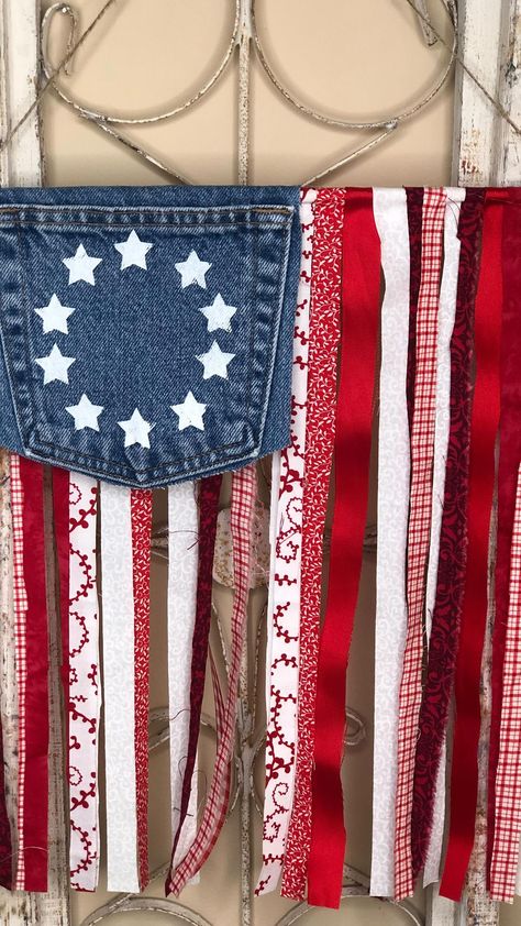 fourthofjulydecor #memorialdaydecor #patriotic #proudtobeanamerican #flagdecor American Flag Projects, Dollar Tree Decor Diy, Fouth Of July Crafts, American Flag Diy, Patriotic Crafts Diy, Americana Crafts, Scraps Of Fabric, Denim Crafts Diy, 4th July Crafts