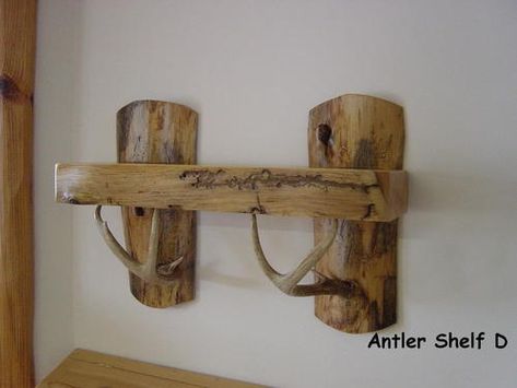 shelf Antler Shelf, Deer Antler Pipe, Pine Shelf, Antler Projects, All Wood Furniture, Deer Antler Crafts, Antler Ideas, Deer Antler Decor, Antler Decor