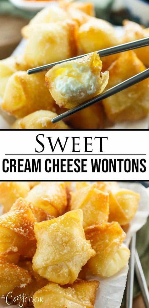 Sweet Cream Cheese Wontons, Wonton Recipe, Cream Cheese Wontons, Cheese Wontons, Won Ton, Homemade Chinese Food, Wonton Recipes, Mapo Tofu, Best Appetizer Recipes