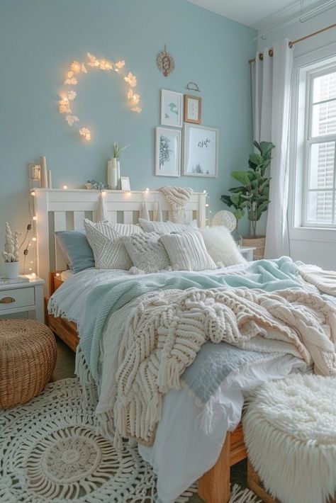 29 Blue Boho Dorm Room Ideas for a Stylish College Retreat 20 Cozy Room Ideas Aesthetic White, Boho Bedroom Blue Accents, Blue Room Ideas Bedroom Inspiration, Dorm Inspo Aesthetic Blue, Blue Cozy Bedroom Aesthetic, Teen Room Inspo Aesthetic Cozy, Room Ideas Light Blue Walls, Room Ideas Aesthetic Coastal, Bedroom Ideas Blue Aesthetic