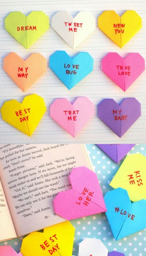 Learn how to make an origami bookmark with this easy DIY tutorial! This easy origami heart looks just like a conversation heart, and fits on the corner of a book page. Both children and adults will love this idea! via @diy_candy Origami Bookmark Corner, Easy Origami Heart, Bookmark Corner, Origami Hearts, Origami Star Box, Origami Ball, Origami Wedding, Origami Decoration, Origami Bookmark