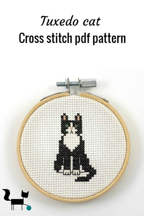 Tiny Cross Stitch Patterns Minis Animals, Tuxedo Cat Cross Stitch Pattern, Small Counted Cross Stitch Patterns Free, Tuxedo Cat Cross Stitch, Tuxedo Cat Embroidery, Tiny Cat Cross Stitch, Cat Stitch Pattern, Cute Cat Cross Stitch Pattern, Cat Christmas Cross Stitch