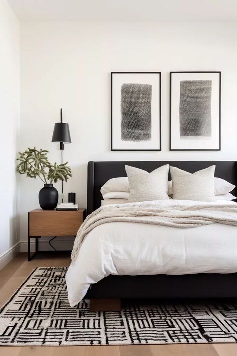 Ski Ideas, Apartment Planning, Bedroom Vibes, Black Bed Frame, Bedroom Styling, Zen Bedroom, Black Headboard, Basement Apartment, Minimalist Bedroom Design