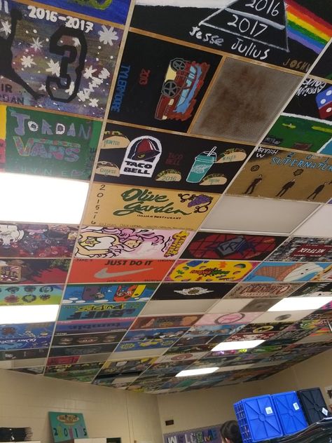 Ceiling Tiles Ideas School, Classroom Ceiling Tile Art, Senior Tile Ideas Ceilings, Painting Ceiling Tiles School Ideas, Senior Ceiling Tile Ideas Art, Senior Ceiling Tiles, Posters On Ceiling, Ceiling Tile Painting Ideas, Painted Ceiling Ideas Bedroom