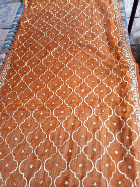 Dupatta Jaal Embroidery, Gotapatti Work Dupatta Design, Gotapatti Dupatta, Gotta Patti Dupatta, Duppattas Designs Ideas, Hand Work Design, Denim Crafts Diy, Lace Dress Design, Bridal Applique