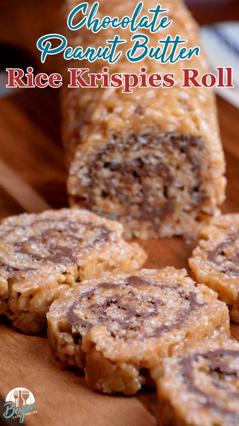 Scotcharoos pinwheels are a chocolate peanut butter rice krispies roll recipe that combines crispy rice cereal, peanut butter, sugar, and corn syrup then topped off and rolled with melted butterscotch and chocolate. #glutenfree #peanutbutter #ricekrispiestreat #chocolate #nomnom #treats Rice Krispie Treats Cereal Recipe, Rolled Rice Krispie Treats, Rice Krispy Peanut Butter Treats, Rice Krispie Treats Original Recipe Easy, Krispie Treats Ideas, Rice Crispy Roll Ups, Peanut Butter Rice Krispie Cookies, Rice Krispies With Peanut Butter, Rice Krispie Roll