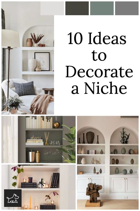 Decorate your niche with flair using our 10 creative ideas. Turn it into a mini art gallery by displaying framed paintings or photographs. Install floating shelves to showcase books, plants, or unique trinkets. For a dramatic effect, backlight the niche with LED strip lighting. Paint the inside of the niche in a bold color or use wallpaper to create a focal point. For a serene vibe, place a Buddha statue or a small water feature inside. How To Style Arched Wall Niche, Floating Shelves Wallpaper, Inset Wall Niche, Shallow Wall Niche Ideas, Decorating A Niche In A Wall Entryway, High Ceiling Wall Niche Decorating Ideas, How To Decorate Floating Shelves Bedroom, Decorating Niches In Wall, Bedroom Niche Ideas