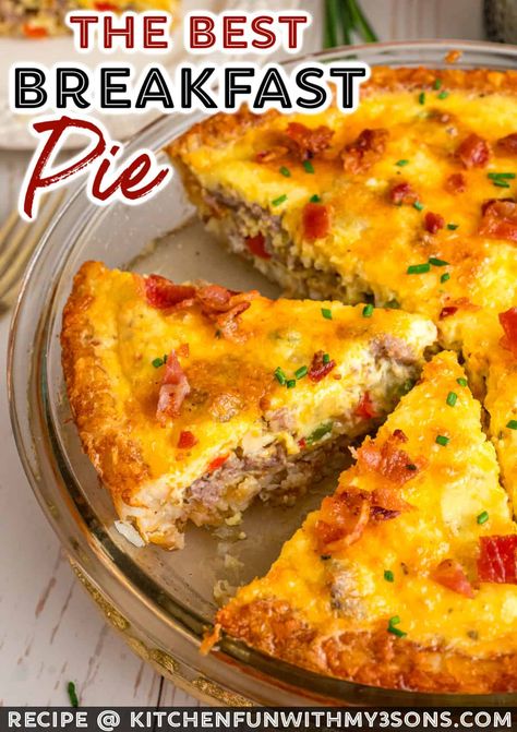 This savory Breakfast Pie is packed with cheesy eggs, flavorful sausage, tender veggies and bacon all nestled in a crispy hash brown crust. It’s the perfect way to start your morning with a balanced meal that is as satisfying as it is simple to make. Bacon And Cheese Quiche With Hashbrown Crust, Breakfast Pie Quiche, Impossible Bacon Pie, Breakfast Casserole With Pie Crust, Hashbrown Pie Crust, Breakfast Pies Recipes, Sausage And Egg Pie, Savory Pies Recipes Easy, What To Do With A Pie Crust