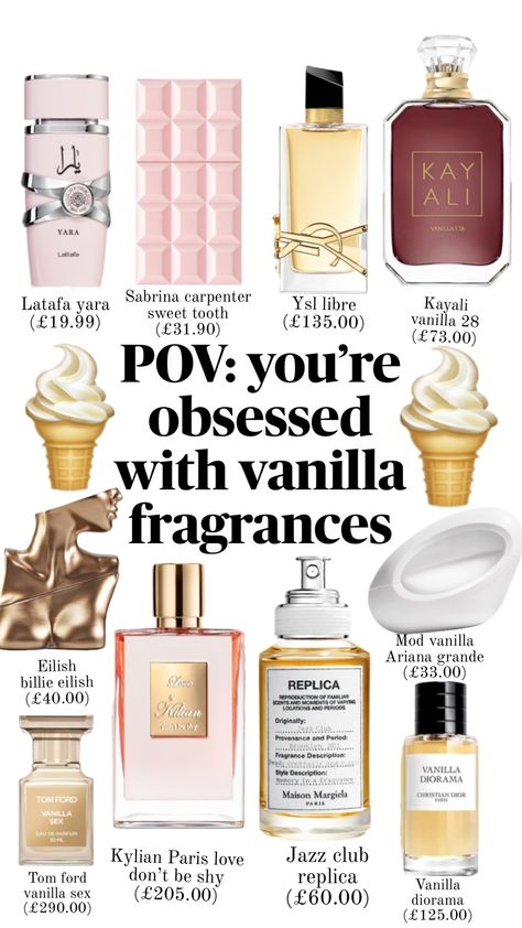 Vanilla fragrances #vanilla #vanillafragrance #perfume Vanilla Smell Perfume, Best Vanilla Scent Combo, Rich Vanilla Perfume, Pure Vanilla Perfume, Perfumes And What They Smell Like, Perfumes That Make You Smell Good, Vanilla Scented Products Aesthetic, Halal Perfume For Women, Vanilla Scents Aesthetic