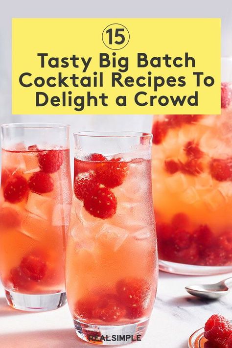 15 Big Batch Cocktails Guaranteed to Delight a Crowd | Whip up one of these large batch cocktails or punch recipes pre-party or event, and you'll be free to join the celebration. Classic tequila punch bowls to twists on classic cocktails like the Moscow Mule, these are some of the best tasting and easy-to-make batch cocktail recipes. #realsimple #drinkrecipes #drinkideas #cocktailrecipes #batchdrinks Large Batch Alcoholic Drinks Parties, Large Batch Punch With Alcohol, Party Punch Bowl Alcohol, Easy Mixed Drinks For A Crowd, Super Bowl Batch Cocktails, Easy Group Cocktails, Moscow Mule Large Batch Recipe, Cocktails For Large Groups, Vodka Large Batch Cocktails