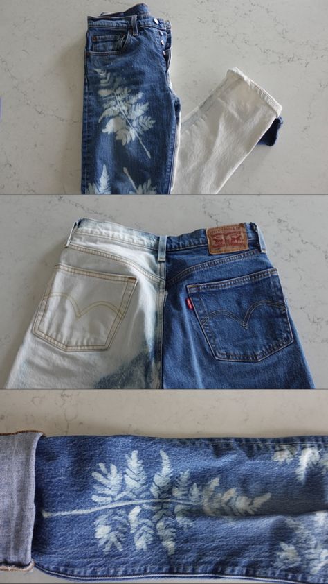 Bleach and a leaf stencil on old jeans Bleach Black Jeans Diy Ideas, Bleach Denim Diy, Recycling Old Jeans, Bleach Pattern Jeans, Bleaching Jeans Diy Denim Ideas, Custom Jeans Diy Paint, Bleach Jeans Diy Denim, Diy Bleach Jeans, Bleach Painting Jeans