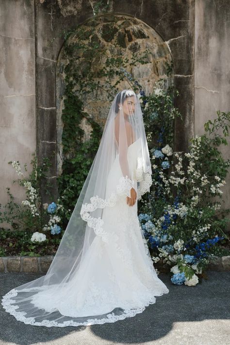 Lovett Veil – Anne Barge Blusher Cathedral Veil, Wedding Veil Train, Mantilla Veil With Blusher, Lace Cathedral Veil With Blusher, Lace Veil With Blusher, Veil Over Face Wedding, Wedding Dress With Lace Veil, Over The Face Veil, Veils Bridal Cathedral