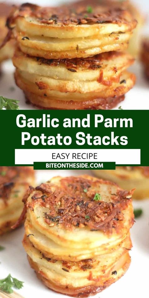 Mix up your potato side dish game with these drop dead delicious garlic parmesan potato stacks. Sliced potatoes are mixed with garlic butter, parmesan and thyme, stacked up in a muffin tin and then roasted to crispy perfection. These beauties are not to be missed! Crispy Sliced Potatoes In The Oven, Potatoes In Muffin Tin Recipe, Potato Stacks Muffin Tins, Potato Stacks Recipes, Sweet Potato Stacks, Parmesan Potato Stacks, Parmesan Crusted Potatoes, Parmesan Potato, Garlic Parmesan Potatoes