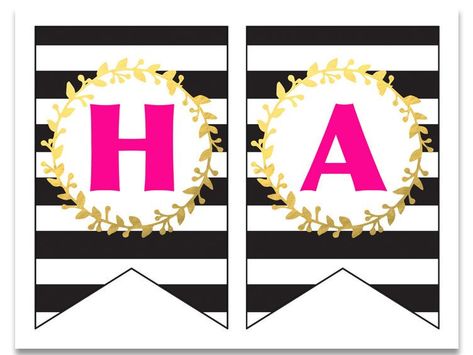 FREE PRINTABLE Happy Birthday Banner and Alphabet! Modern and trendy - black and white stripes with gold foil wreath and bright pink letters! Happy Birthday Banner Printable Free, Happy Birthday Banner Diy, Party Banner Template, Free Printable Banner Letters, Happy Birthday Banner Printable, Free Printable Birthday Cards, Printable Birthday Banner, Printable Banner Letters, Birthday Banner Template