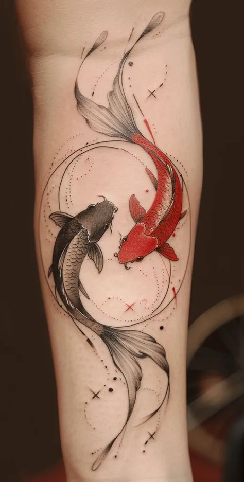 The image depicts a tattoo of two koi fish in a circle. Tato Fish, Koi Neck Tattoo, Koi Fish Circle Tattoo, Pieces Koi Fish Tattoo, Coral Fish Tattoo, Back Tattoo Koi Fish, Koi Carp Tattoo Design, Black And Red Koi Fish Tattoo, Koi Fish Knee Tattoo