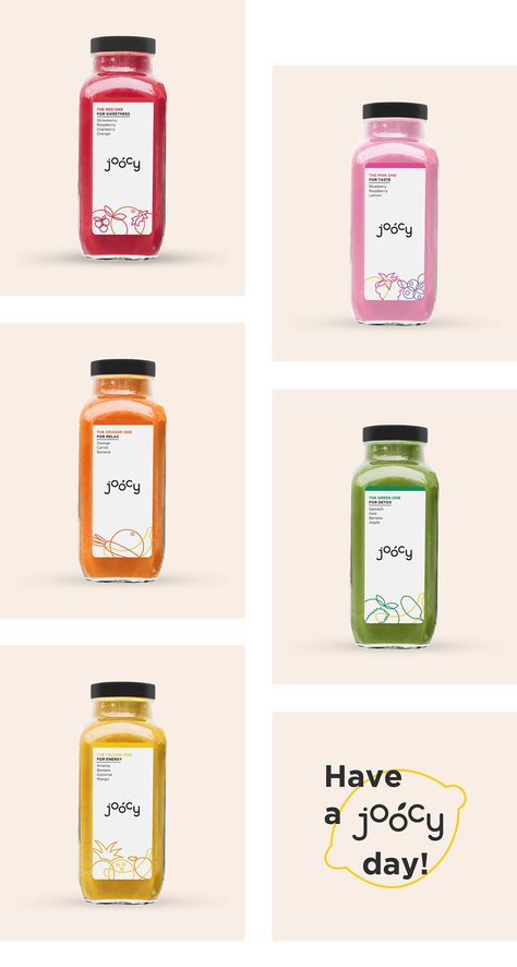 Joocy / Brand identity on Behance Juice Branding Design, Illustration Packaging Design, Fruit Juice Brands, Clean Fruit, Gold Sink, Sink Cleaner, Fruit Juice Packaging, Label Inspiration, Juice Logo