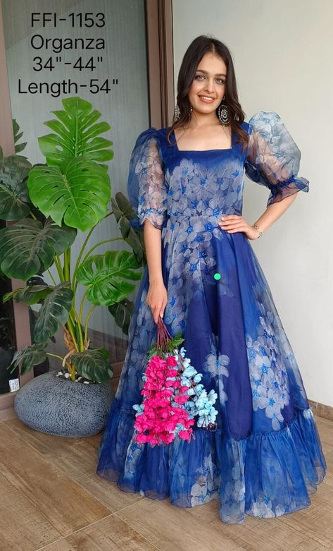 Organza Dress Gown, Organza Saree Dress Gowns, New Modal Dresses, Organza Dress For Women, 1 Pices Dress, Floral Organza Frocks For Women, Organza Floral Long Frocks, Organza Long Frocks Indian, Organza Frock Designs