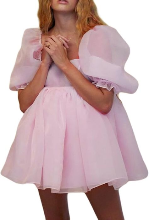 Women Fairy Ruffle Mini Dress Square Neck Puff Sleeve A Line Short Dress Smocked Low Cut Off Shoulder Flowy Dress(Ab Pink Cute,Small) at Amazon Women’s Clothing store Tulle Prom Dress With Sleeves, Princess Fairy Dress, Tulle Princess Dress, Collar Mini Dress, Tulle Mini Dress, Smocked Dresses, Vestidos Vintage, Mini Dresses For Women, Ruffle Mini Dress