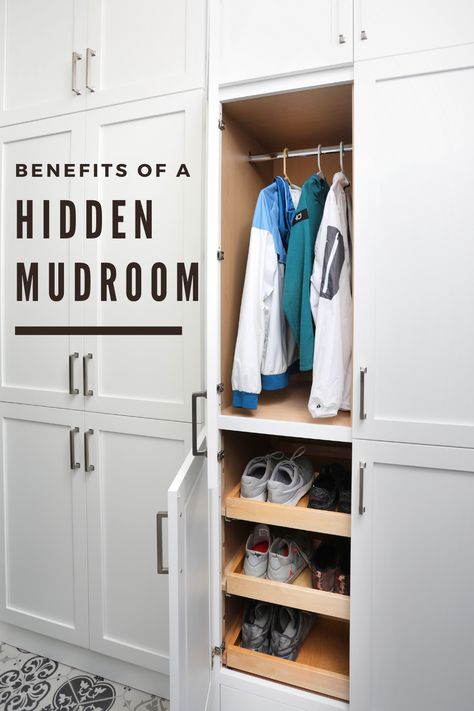 Built In Cabinets Mudroom, Concealed Mudroom Storage, Mudroom And Storage, Inside Of Mudroom Cabinets, Mudroom Coat Cabinet, Entryway Built In Ideas Storage Cabinets, Closed Cabinet Mudroom, Mudroom Cabinet Storage, L Shaped Mudroom Bench With Storage