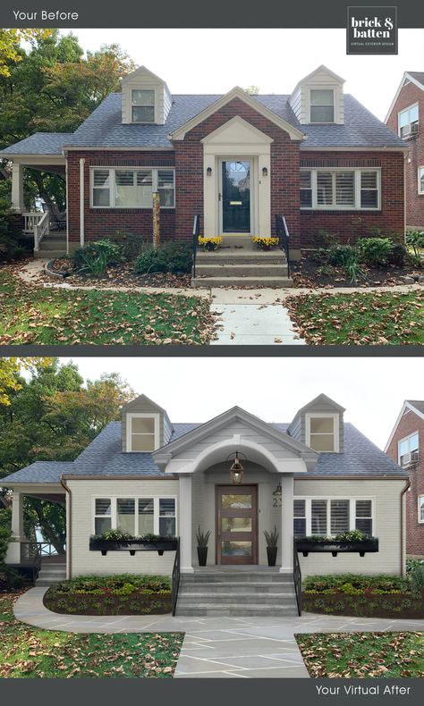 Repainting Home Exterior, Summer Cottage Exterior, Cape Cod Renovation Before And After, Cottage Home Exterior Colors, Exterior Before And After House, Updated Cape Cod Exterior, Brick And Batten Before And After, Vintage Exterior House Colors, Brick Ranch Exterior Makeover