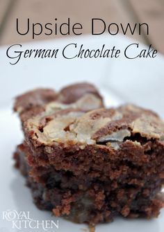 upside down german chocolate cake Upside Down German Chocolate Cake Recipe, Cake Mix Upgrade, Upside Down German Chocolate Cake, German Chocolate Cake Recipe, Dessert Hacks, Royal Kitchen, Festival Foods, Pumpkin Crunch, Coconut Pecan Frosting