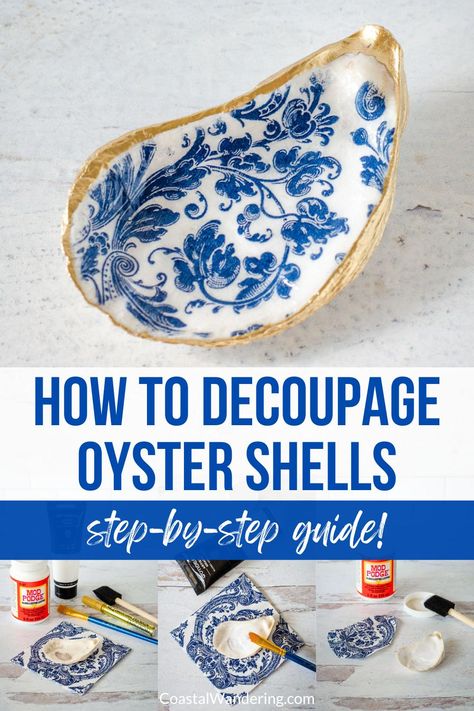 How To Decoupage Oyster Shells step-by-step guide! Mod Lodge Oyster Shells, How To Decoupage Sea Shells, How To Make Decoupage Oyster Shells, Oyster Shell Map Diy, Shell Napkin Craft, Oyster Shell Ornaments Decoupage, How To Decoupage A Shell, Decorating With Seashells Diy Ideas, Seashell Modge Podge