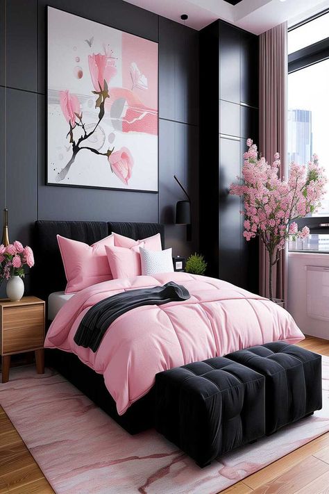 Modern bedroom with pink bedding and floral accents Pink Bedroom Design Ideas, Black Room With Pink Accents, Pink Black Room Decor, White Black And Pink Bedroom, Black And Pink House Decor, Pink Grey And Black Bedroom, Pink White And Black Bedroom, Pink Black And Gold Bedroom, Pink Black White Bedroom