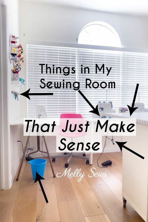 Five Things in My Sewing Room that Just Make Sense - Melly Sews Small Space Sewing Room, Sewing Craft Room Ideas Inspiration, Loft Sewing Room Ideas, Sewing Corner Ideas Small Spaces, Sewing Room Furniture Ideas, Sewing Table Organization, How To Organize Sewing Room, Sewing Room Essentials, Quilt Room Organization Sewing Studio