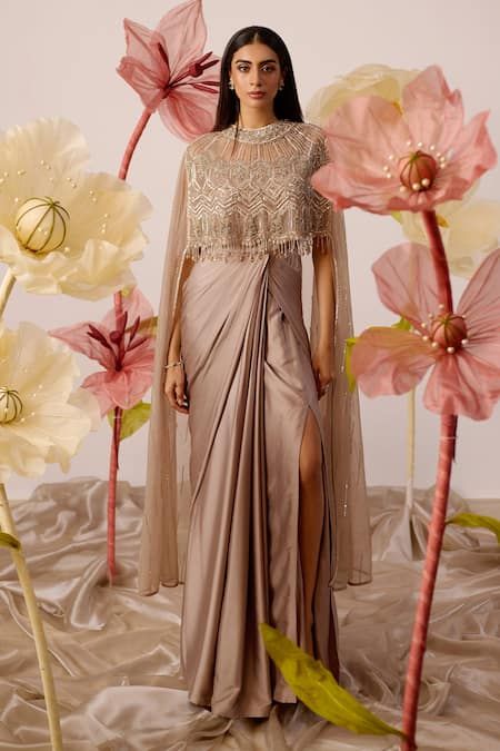 Aesthetic Catering, Cape Dress Indian, Embroidery Elements, Silhouette Artwork, Blush Outfit, Gown With Cape, Western Gown, Indo Western Gown, Party Wear Gowns